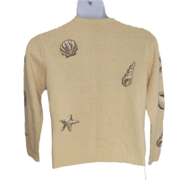 VINTAGE 90s cardigan ivory shell beach button up beaded sweater S - Picture 3 of 9
